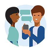 Two people with speech bubbles above them