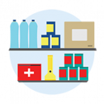 Emergency supplies on some pantry shelves